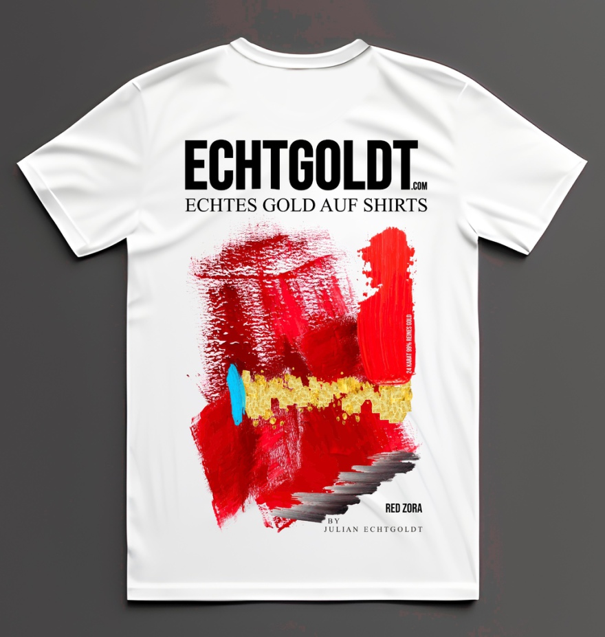 "ECHTGOLDT red zora"  1.190,- EURO (5.140 Dhs)  EC01: Blattgold Rücken, EC02: Blattgold Front  schwarz, pink, anthrazit, weiß, dunkelblau   Produktion & Vertrieb ab 2027: Khalifa Gardens, Dubai