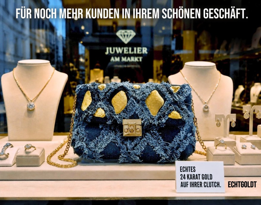 Julian Echtgoldt Real Leaf Gold on fabrics and clutch on www.echtgoldt.com Damentaschen Ausgehtaschen